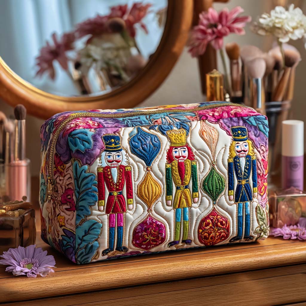 Quilted make-up bag with a scarlet and gold nutcracker sentry standing amongst holly leaves, small stars and falling snow in the Christmas Guard design