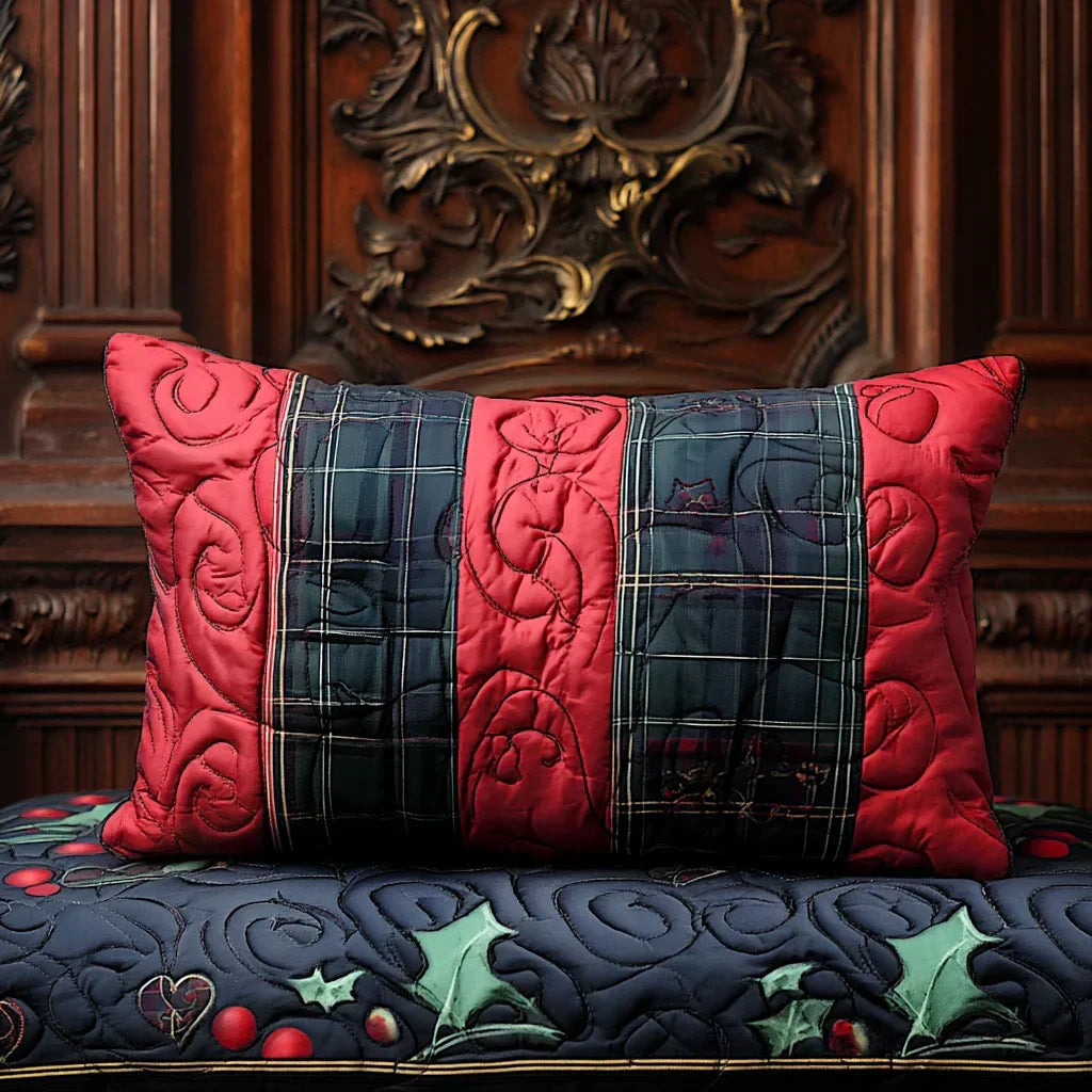 Quilted pillowcase with the Christmas Hearth design, a glowing fireplace with stockings along the mantel and greenery above the burning logs