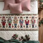 Nutcracker Band quilted bed runner – nutcracker soldiers between holly borders