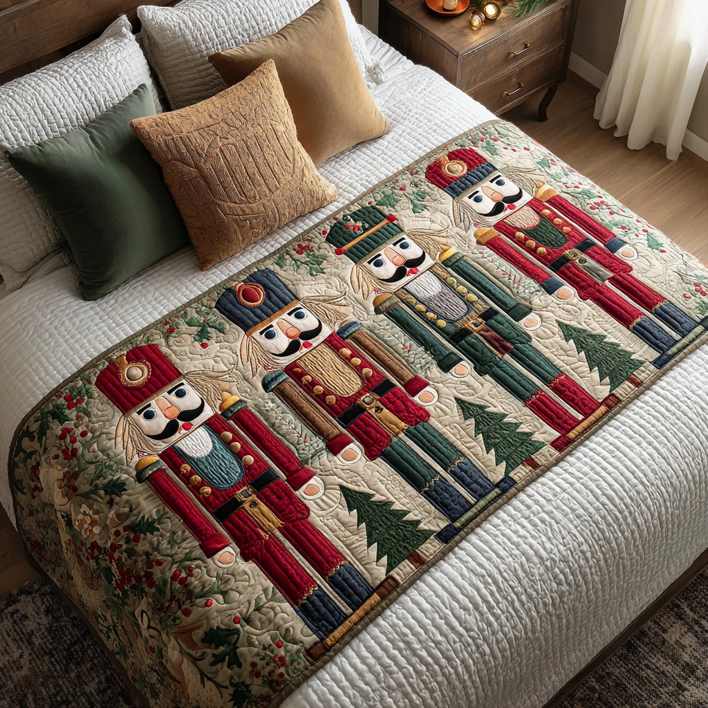 Nutcracker Line-Up quilted bed runner – nutcracker soldiers among little trees