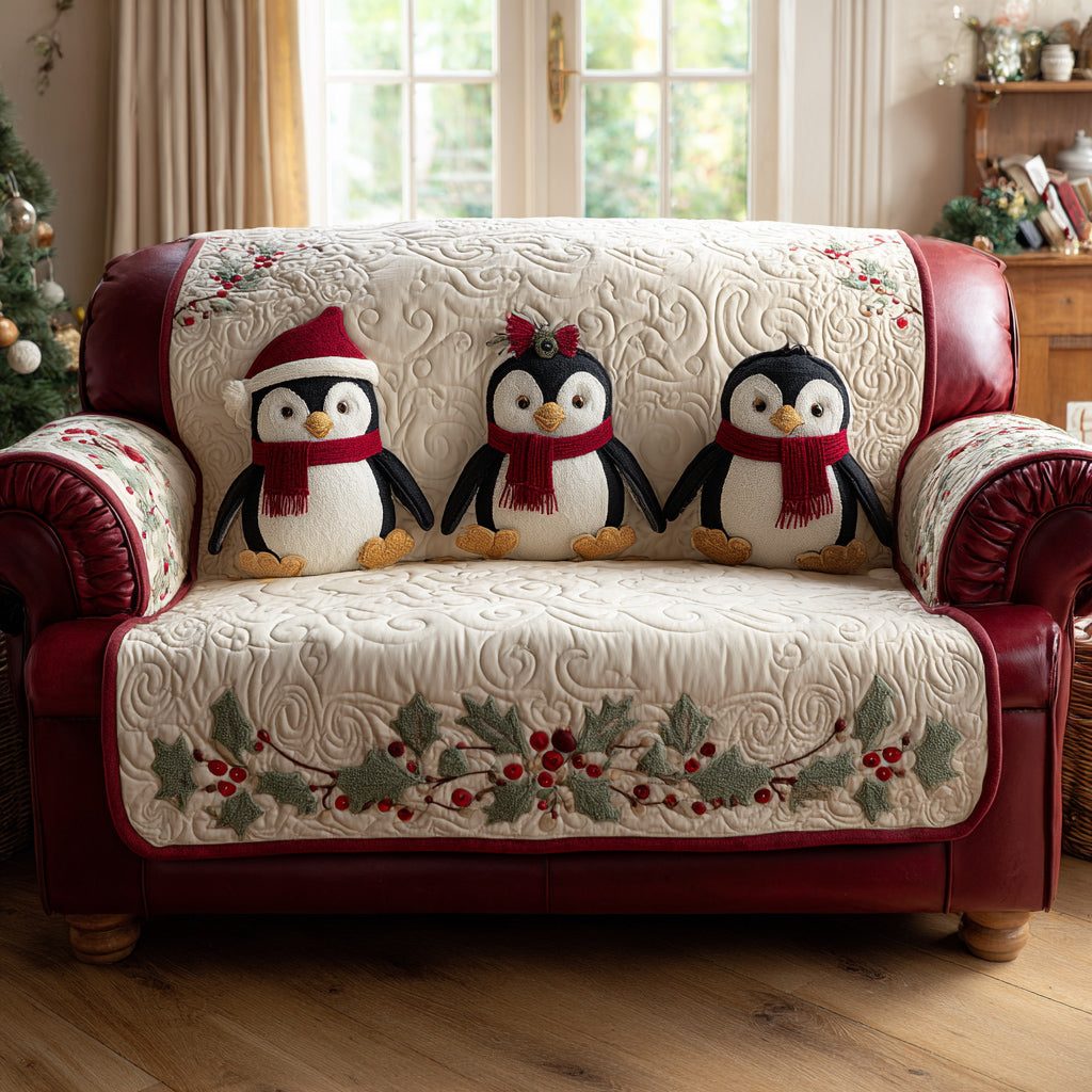 Penguin Trio quilted sofa cover – penguins in red hats