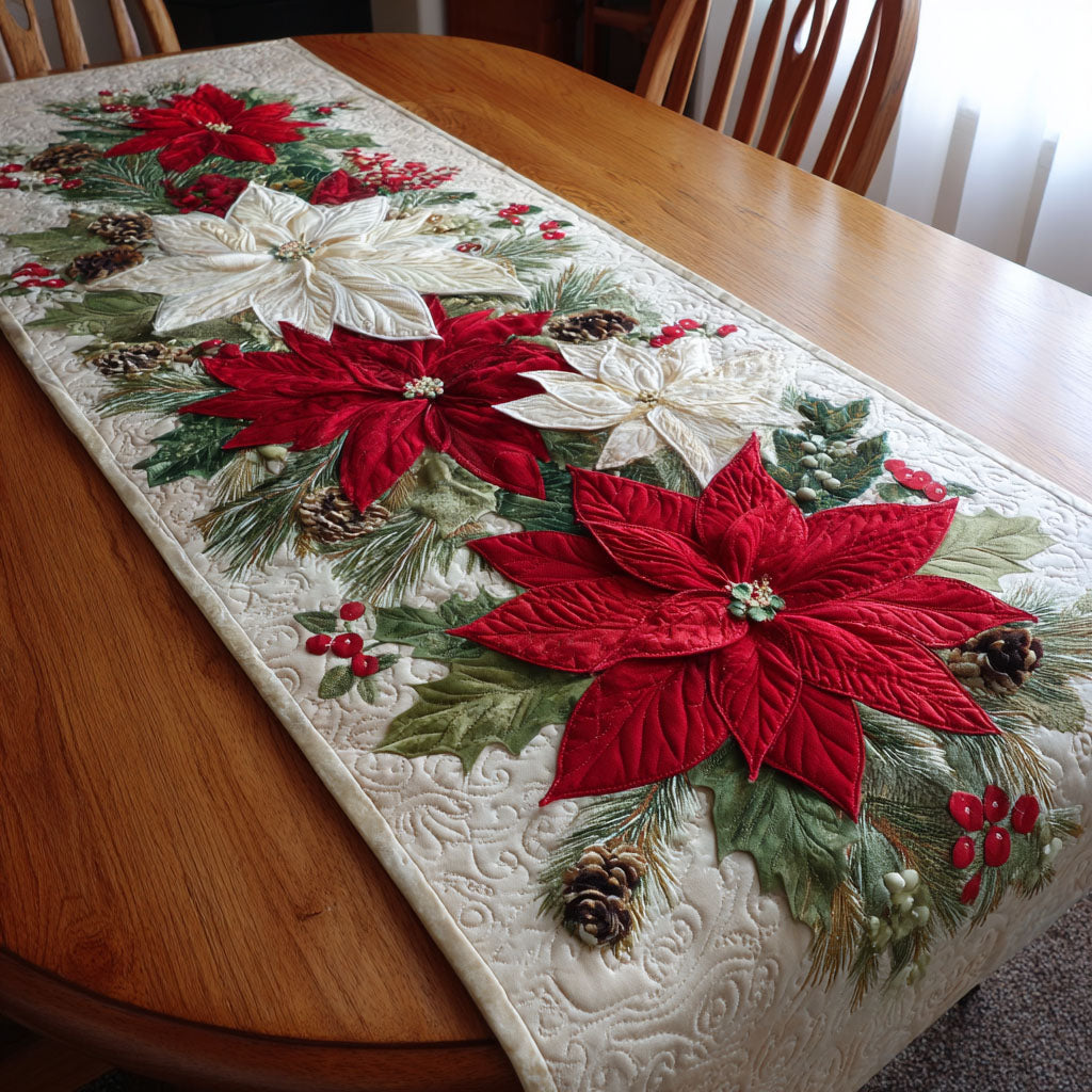 Red and White Poinsettia quilted table runner – red and white poinsettias
