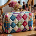 Quilted make-up bag with a tall deep green and gold nutcracker holding a drum, framed by pine sprigs and winter stars in the Festive Sentinel design