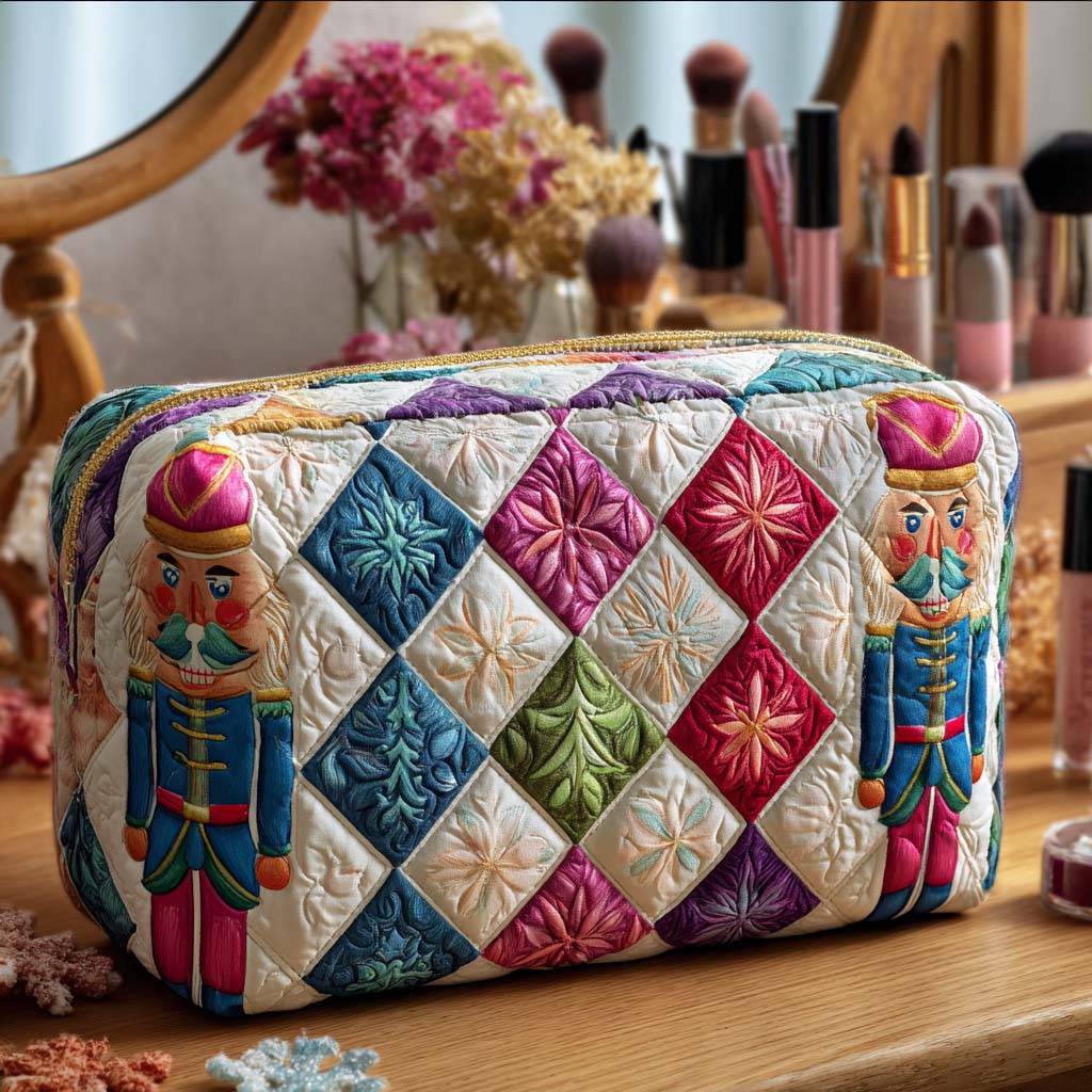 Quilted make-up bag with a tall deep green and gold nutcracker holding a drum, framed by pine sprigs and winter stars in the Festive Sentinel design