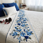 Blue Flower Trail quilted bed runner – blue flowers trailing on white