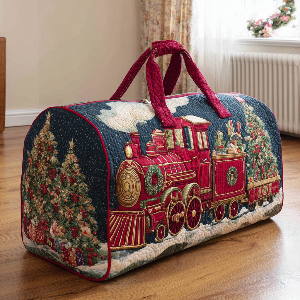 Holiday Steam Train quilted weekend bag – red Christmas train