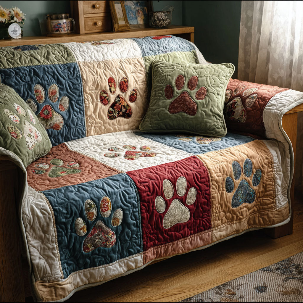 Denim Paw Patchwork quilted sofa cover – paw prints in denim patchwork
