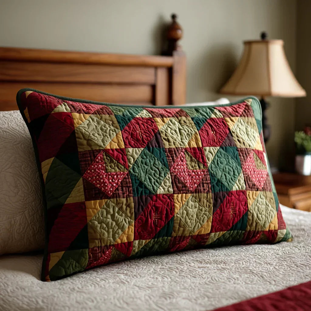 Quilted pillowcase with the Dreamy Holly design of holly leaves and berries in faded greens and dusty reds on a pale ground