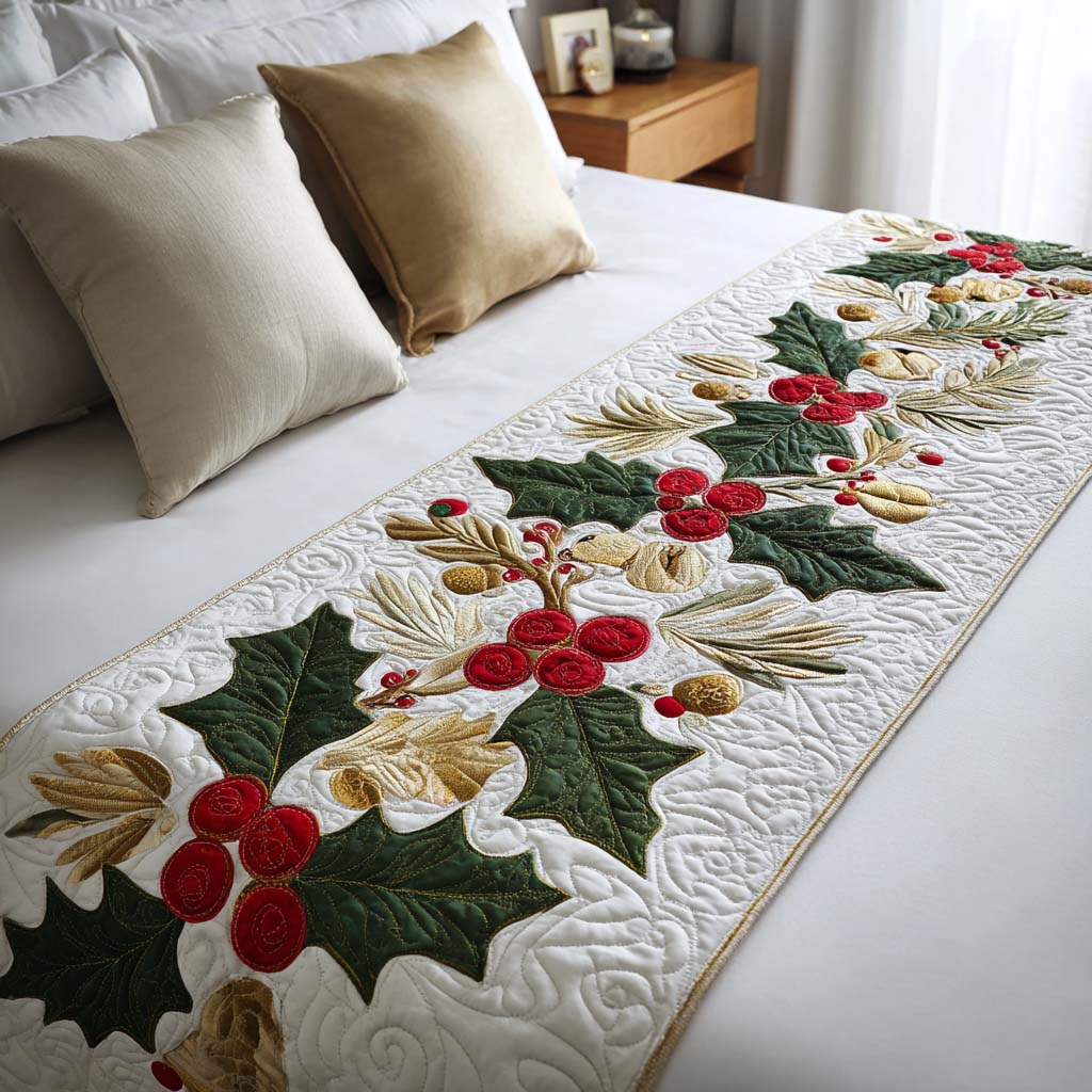 Holly Berries quilted bed runner – large holly leaves and red berries