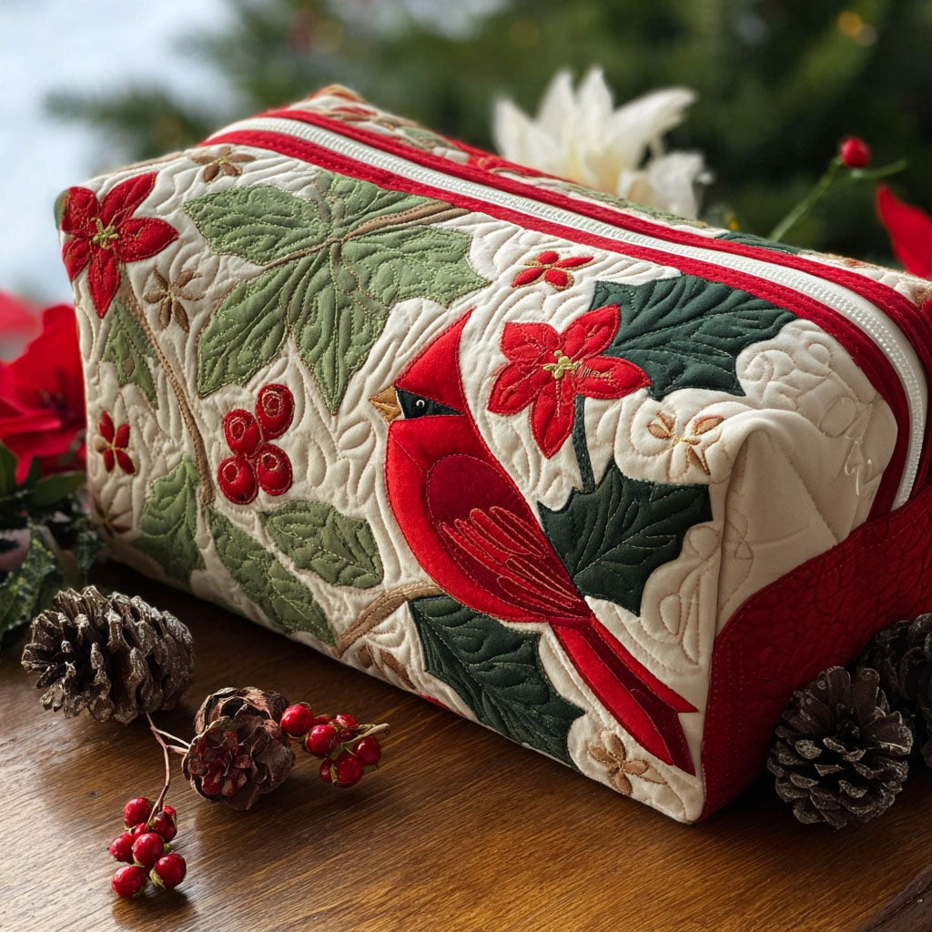 Quilted make-up bag with a red cardinal perched amongst glossy holly leaves, scarlet berries and open poinsettias in the Holly Cardinal design