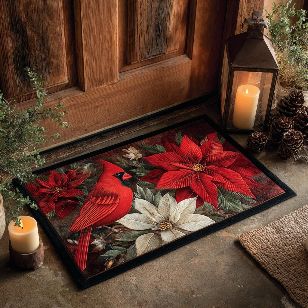 Holly Flame Cardinal doormat – cardinal and poinsettias