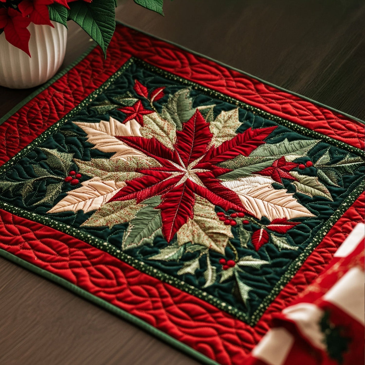 Holly Radiance quilted placemats – poinsettia star