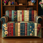 Bookshelf Blooms quilted sofa cover – book spines with little flowers