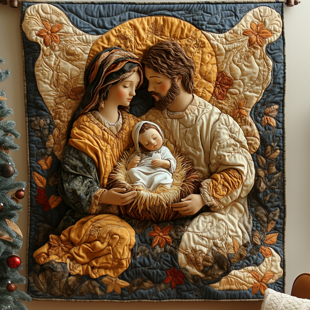 Holy Family Embrace quilted throw – mary and Joseph embracing baby Jesus