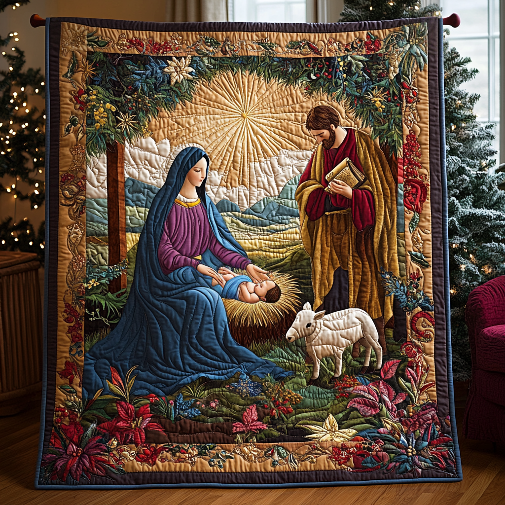 Nativity Garden quilted throw – mary at the manger with Joseph and a lamb