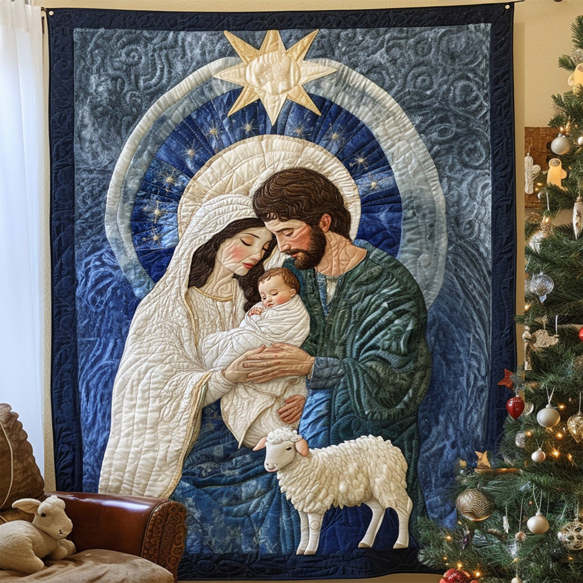 Silent Night Family art quilt – holy Family at night