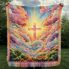 Radiant Cross Sky woven sofa throw – golden cross in pastel clouds