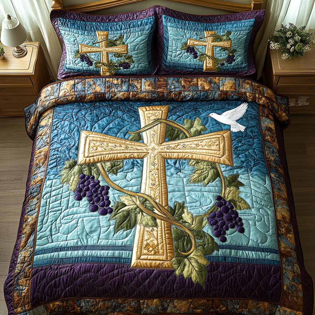 Cross and Vine quilted bedspread set – golden cross with grapevine and a dove