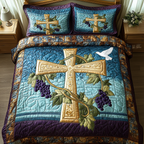Cross and Vine quilted bedspread set – golden cross with grapevine and a dove