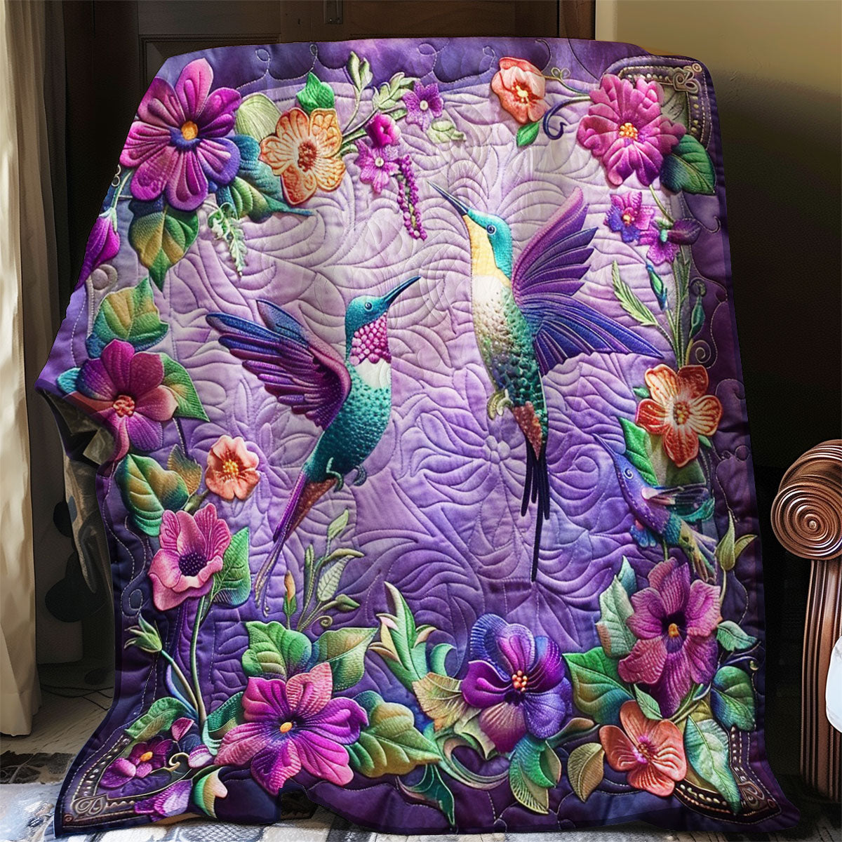 Purple Hummingbirds quilted throw – hummingbirds among purple blooms