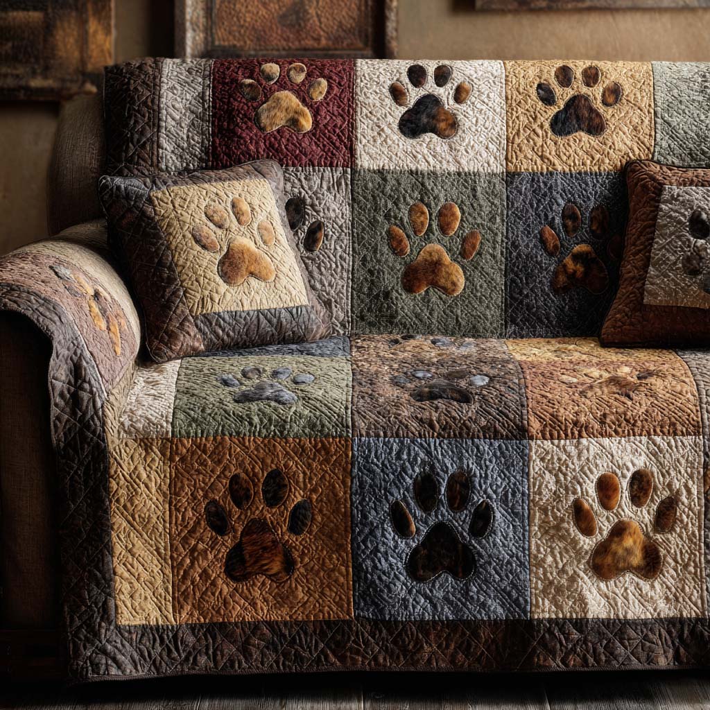 Home Paws quilted sofa cover with large tan, stone grey, walnut, cream and burgundy squares each carrying a soft-edged paw print