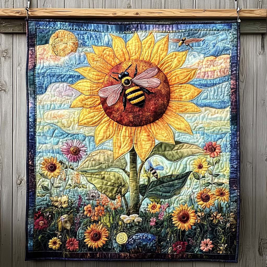 Sunflower Bee art quilt – bee on a sunflower