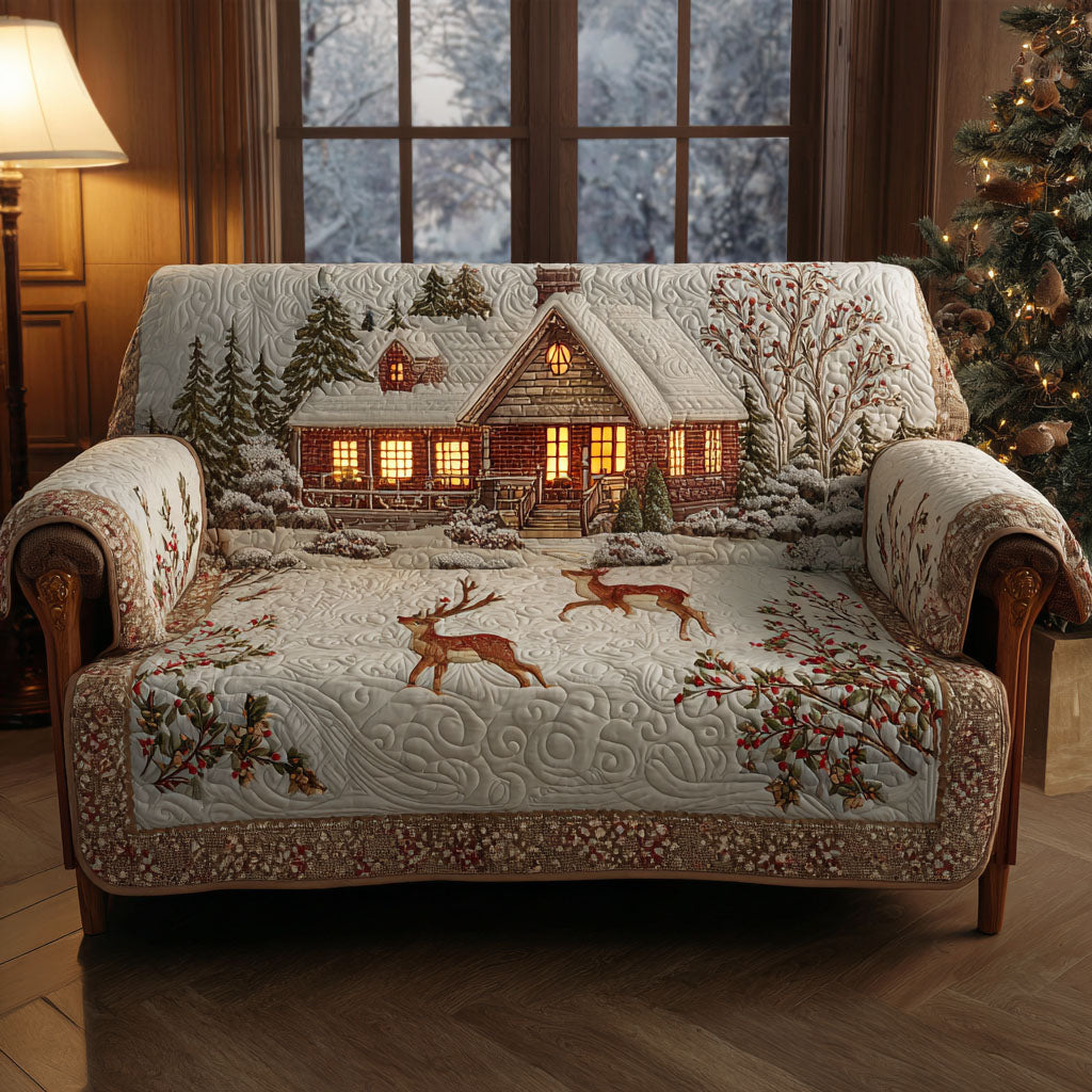 Reindeer Cottage quilted sofa cover – reindeer before a glowing cottage