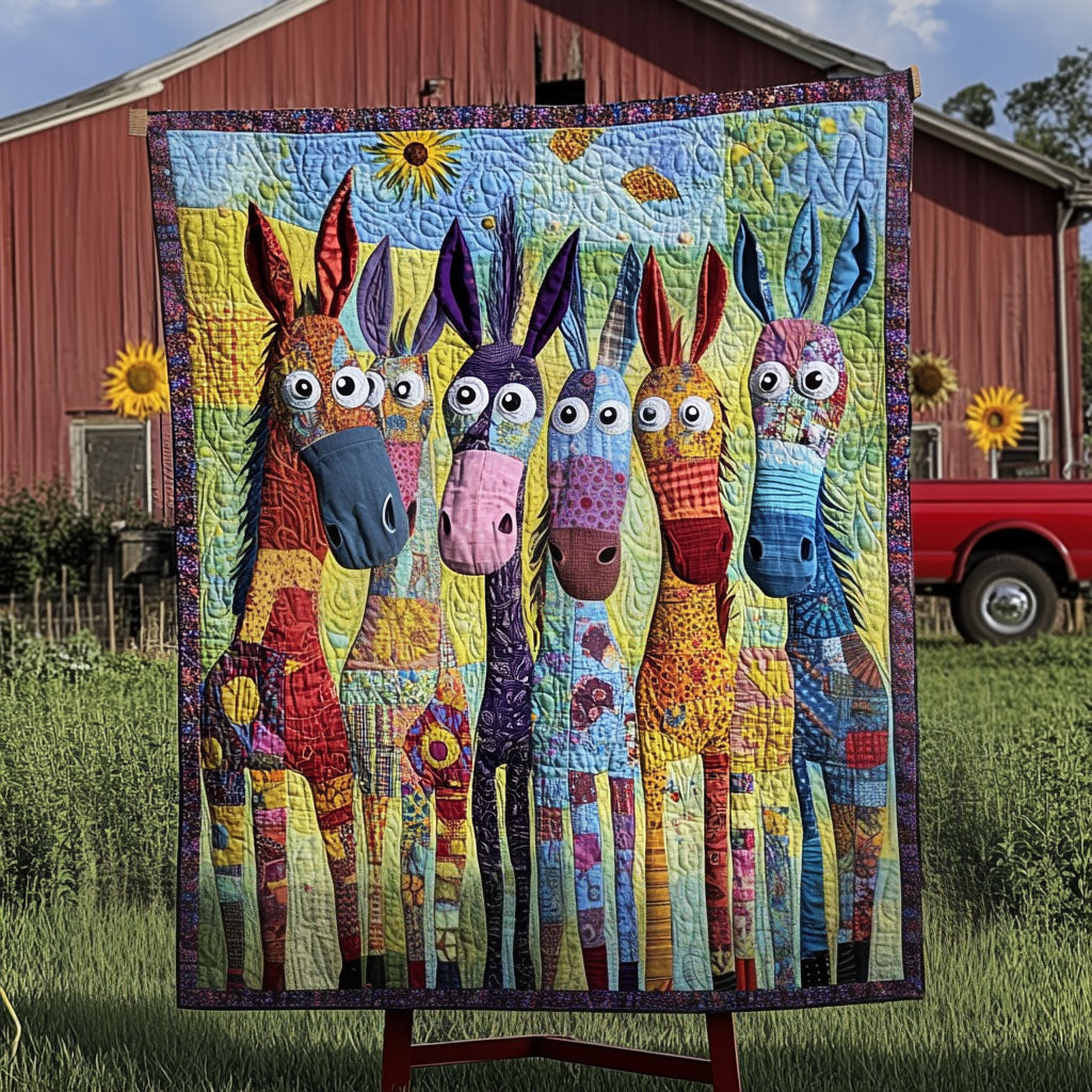 Funny Donkeys quilted throw – colourful wide-eyed donkeys