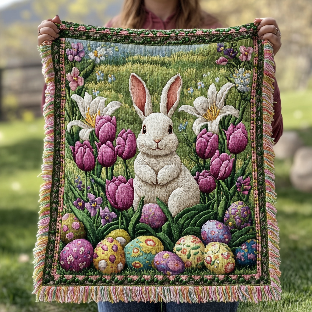 Tulip Bunny woven sofa throw – bunny among purple tulips