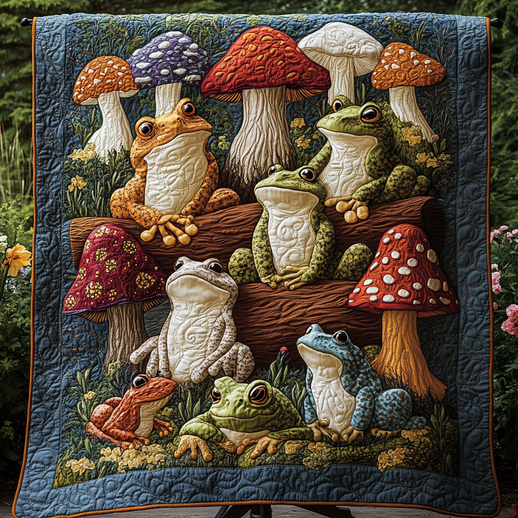 Frogs and Mushrooms quilted throw – frogs among tall toadstools