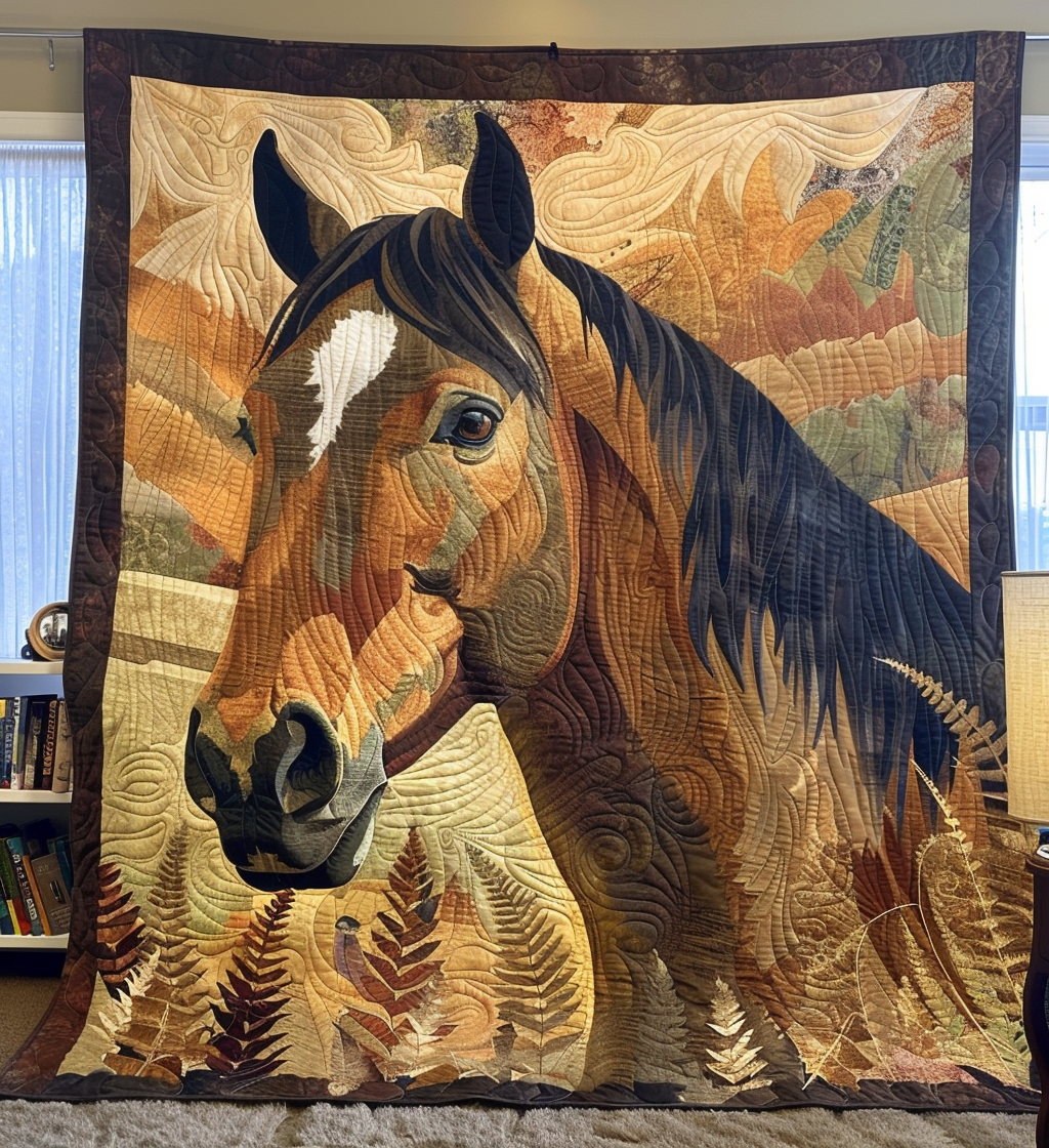 Bay Horse and Ferns quilted throw – bay horse among golden ferns