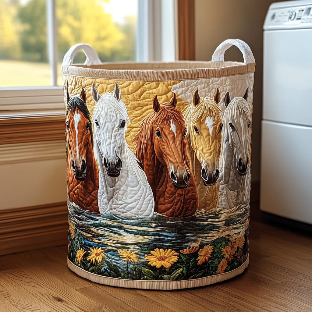 Horse Herd quilted laundry basket – herd of horses