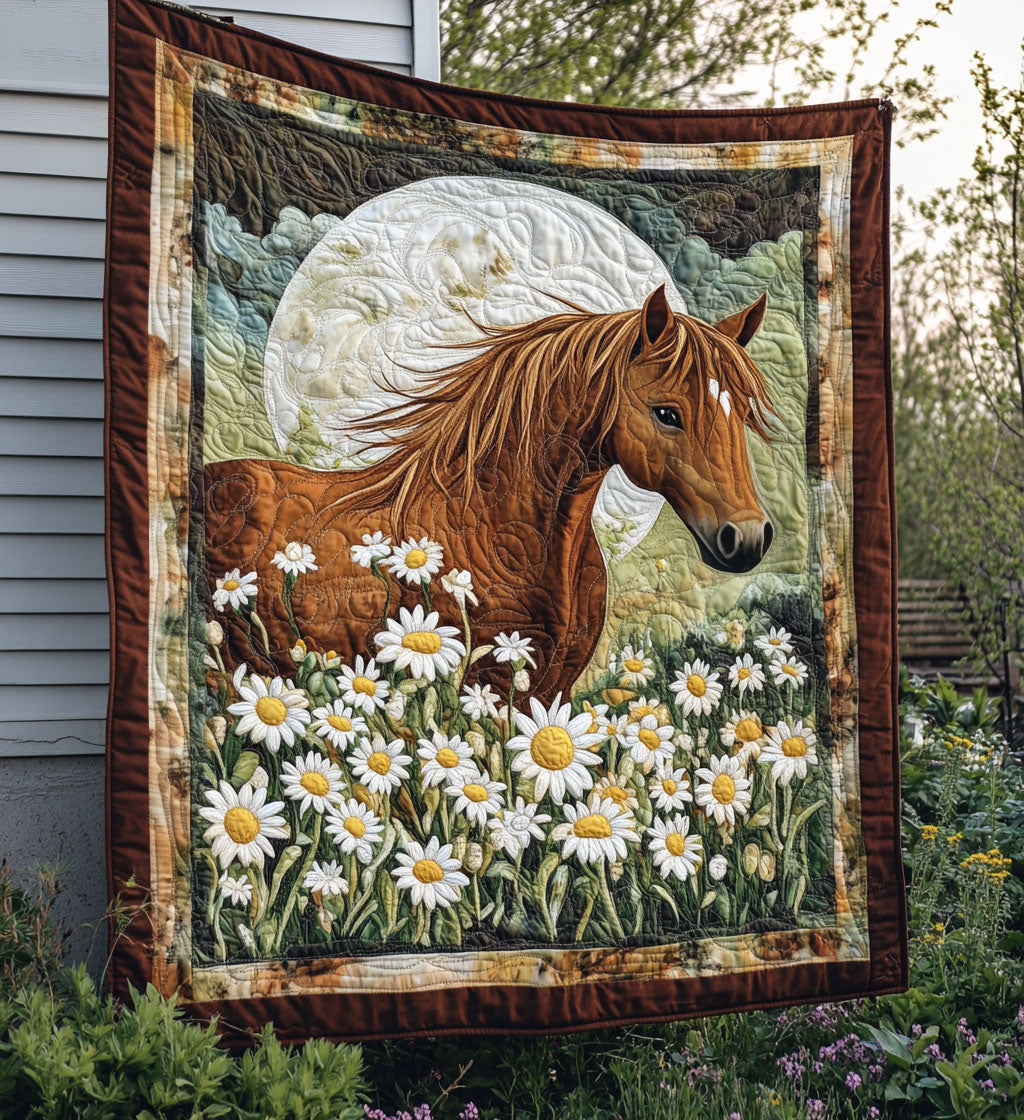 Horse and Daisies quilted throw – chestnut horse among white daisies