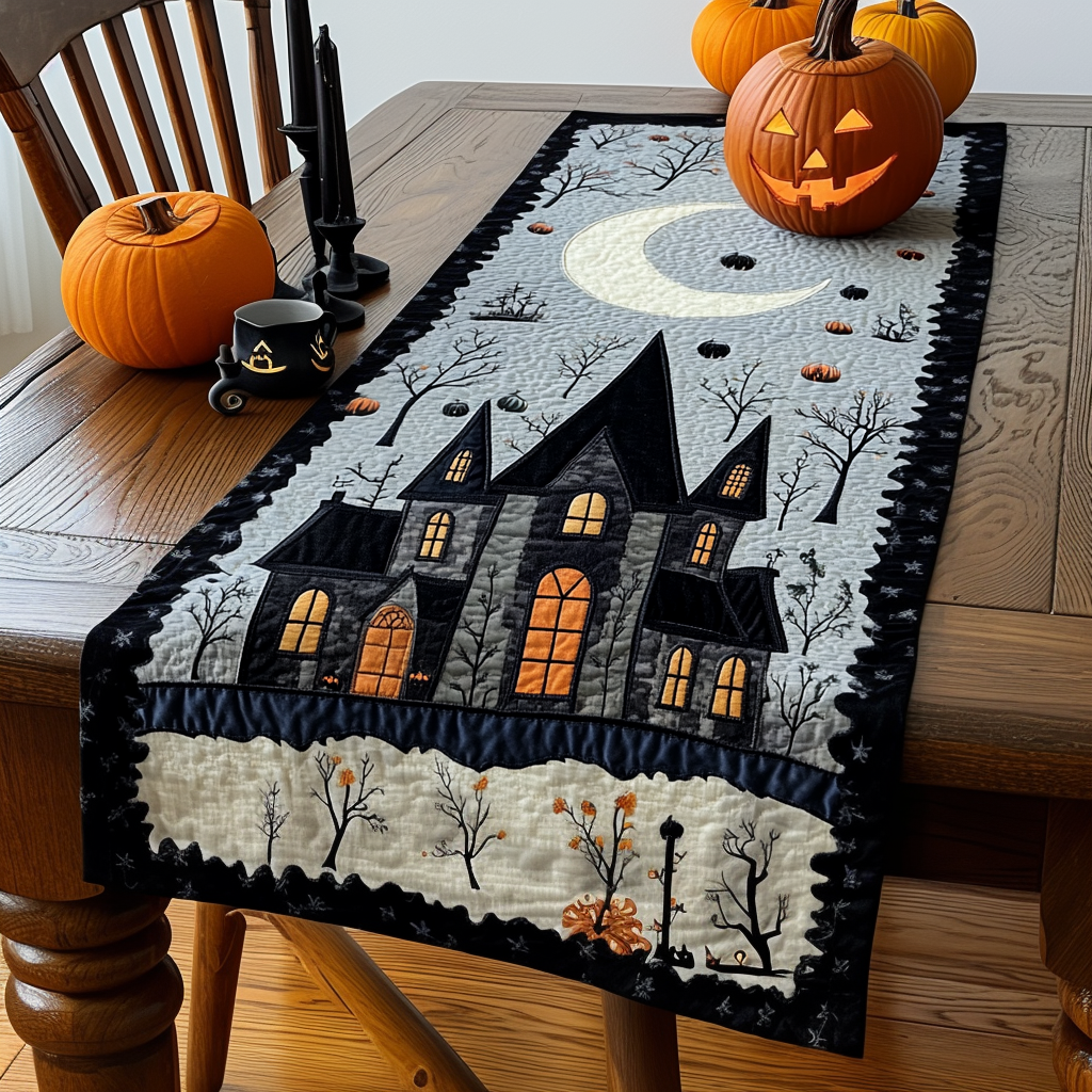 Moonlit Witch House quilted table runner – dark house under a crescent moon
