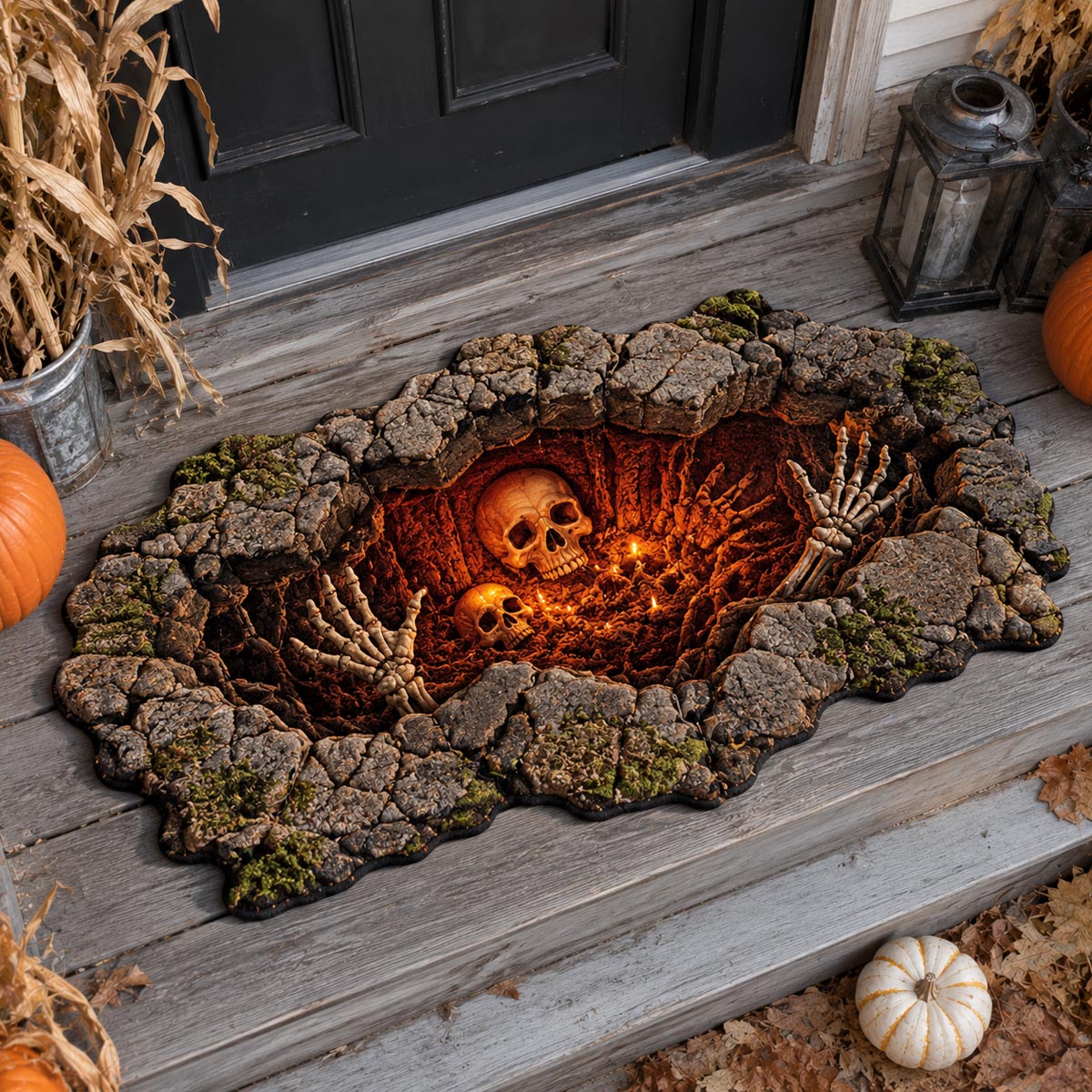 Howling Below shaped doormat – skulls in fiery pit