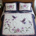 Lilac Hummingbirds quilted bedspread set – lilac hummingbirds with purple flowers on white