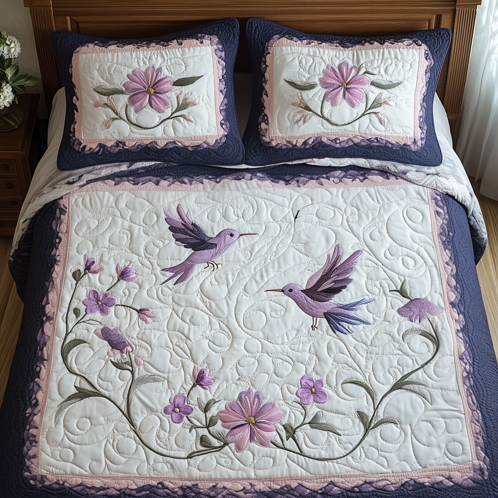Lilac Hummingbirds quilted bedspread set – lilac hummingbirds with purple flowers on white