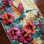 Hummingbird Hibiscus quilted table runner – hummingbird among hibiscus