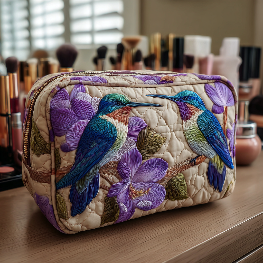 Hummingbird Bliss quilted make-up bag with two blue hummingbirds among purple flowers on cream