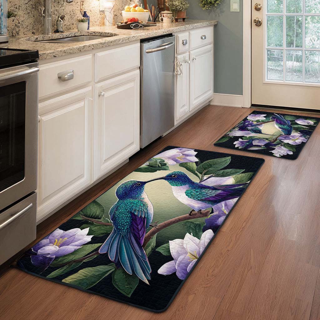 Lilac Hummingbird kitchen mat set – hummingbird and lilac blooms