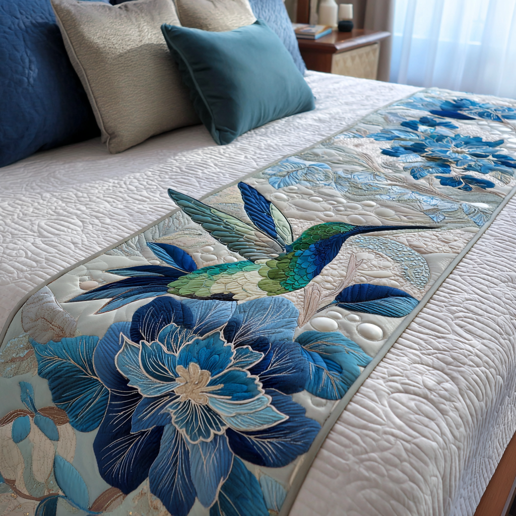 Hummingbird and Blue Blooms quilted bed runner – hummingbird by large blue flowers