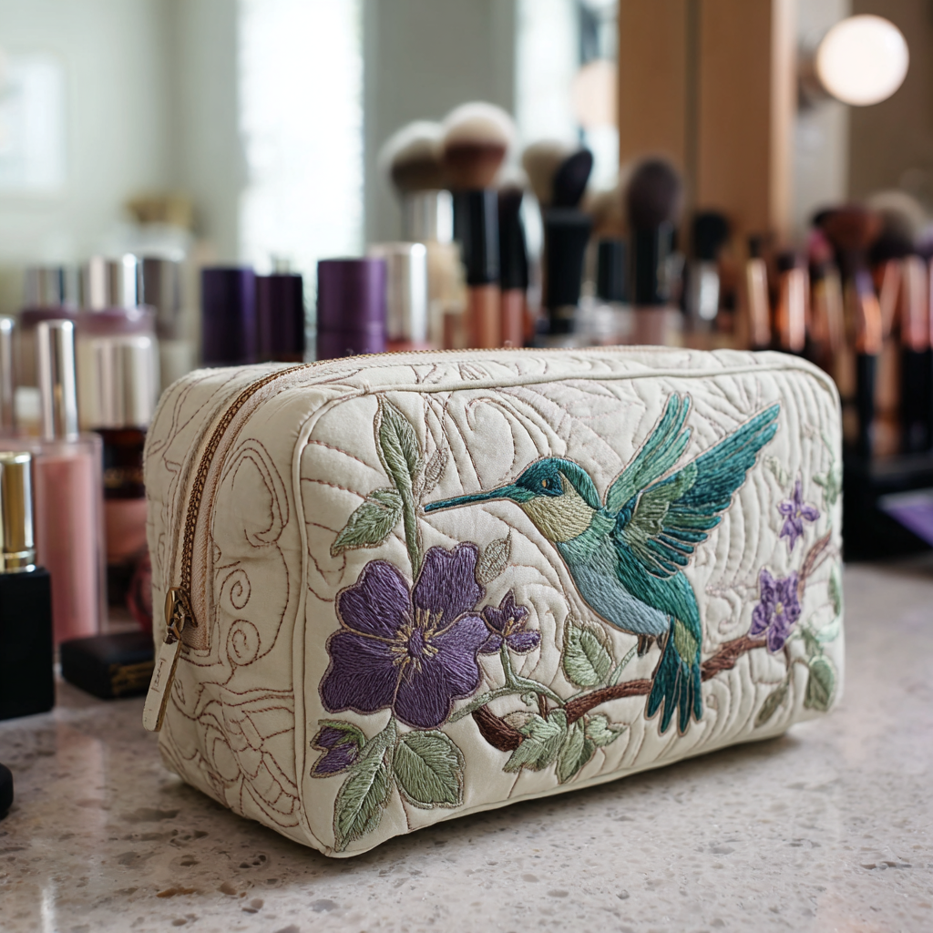 Quilted make-up bag with a hummingbird hovering at a single open flower, its wings softly blurred, in the Hummingbird Bloom design