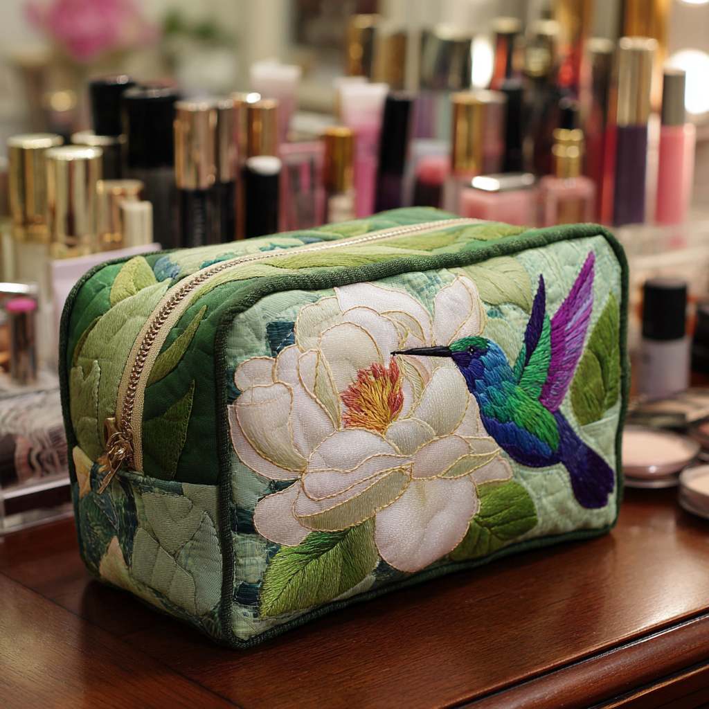 Hummingbird Charm quilted make-up bag with violet hummingbird beside a white magnolia on green