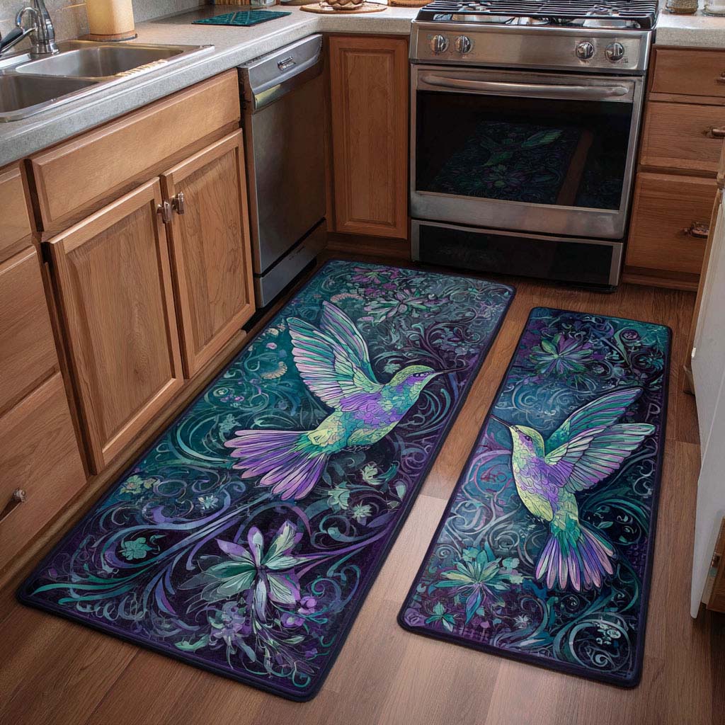 Emerald Hummingbird kitchen mat set – hummingbirds on purple swirls