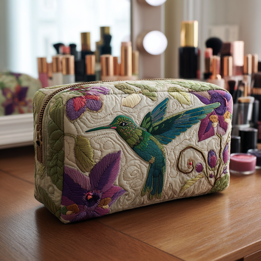 Quilted make-up bag with hummingbirds darting between trumpet flowers, trailing leaves and small buds in the Hummingbird Garden design