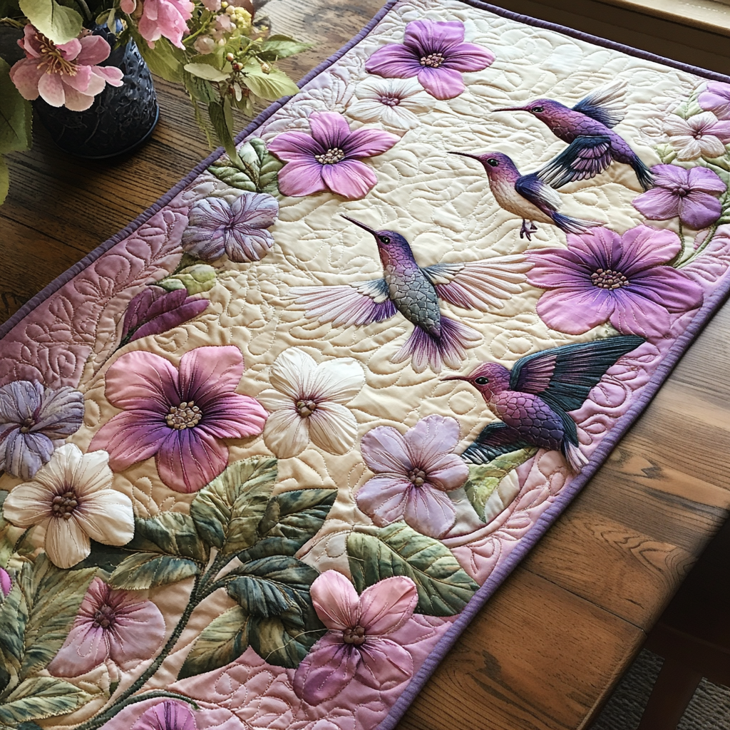Lilac Hummingbirds quilted table runner – hummingbirds among lilac flowers