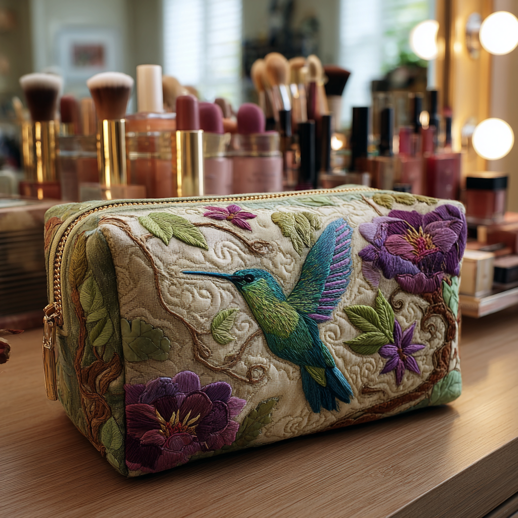 Hummingbird Glow quilted make-up bag with green hummingbird with purple flowers on ivory