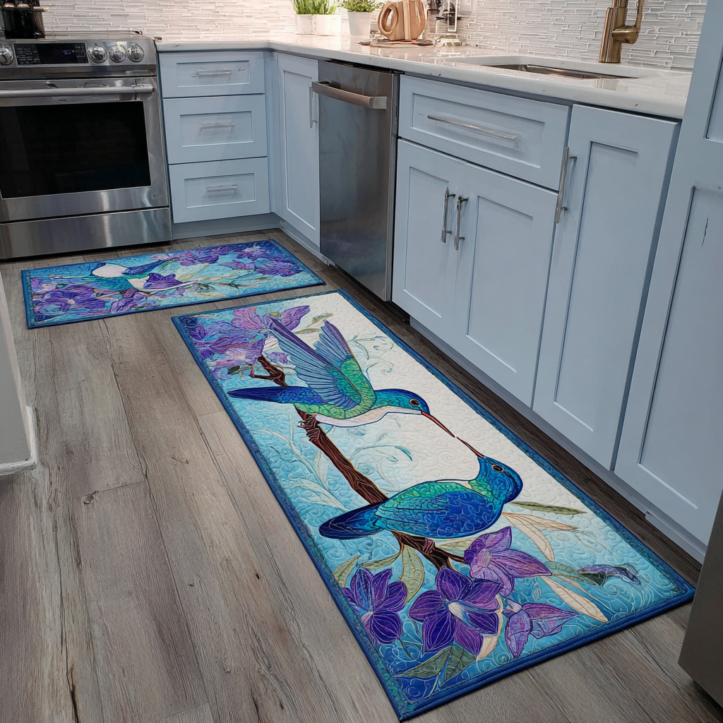 Sky Blue Hummingbird kitchen mat set – hummingbird on pale blue