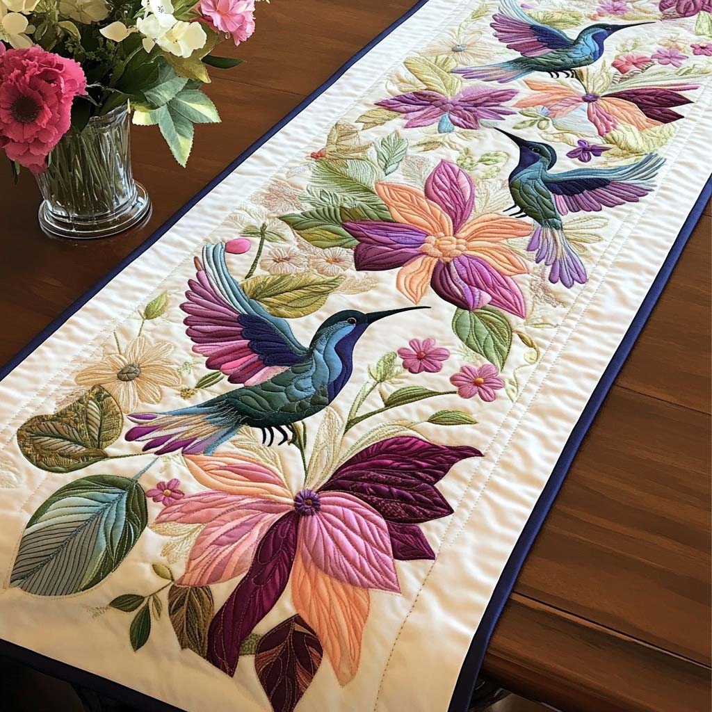 Hummingbird Haven quilted table runner – hummingbirds at pink blooms