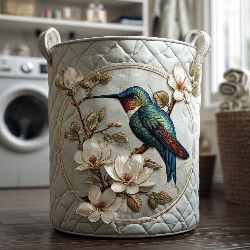 Quilted laundry basket with a hummingbird perched by white magnolia blossom